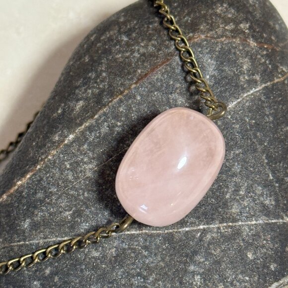 2/$20, Natural Rose Quartz Necklace, Genuine Gemstone Bar Pendant & Bronze Chain - Picture 8 of 11